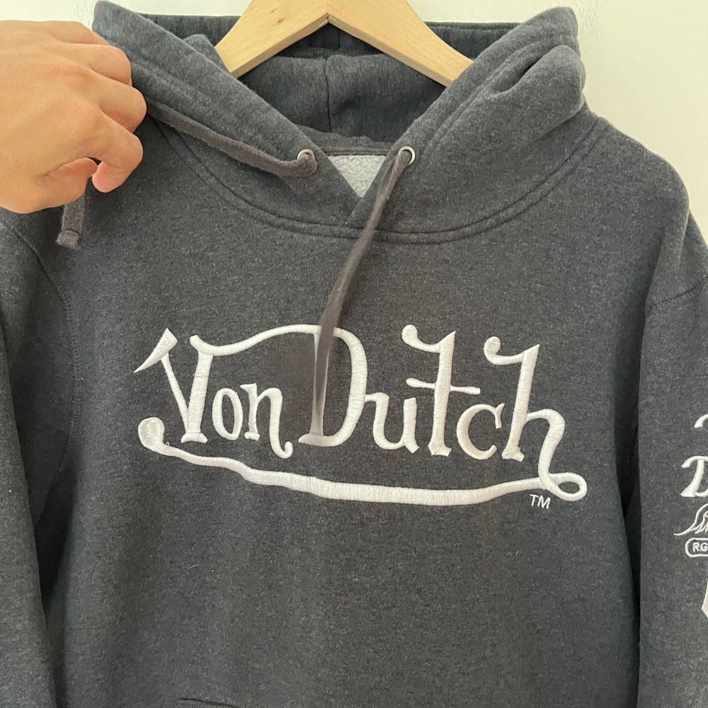 Von Dutch Mens Large Charcoal Grey Embroidered Logo Pullover Hoodie Streetwear
